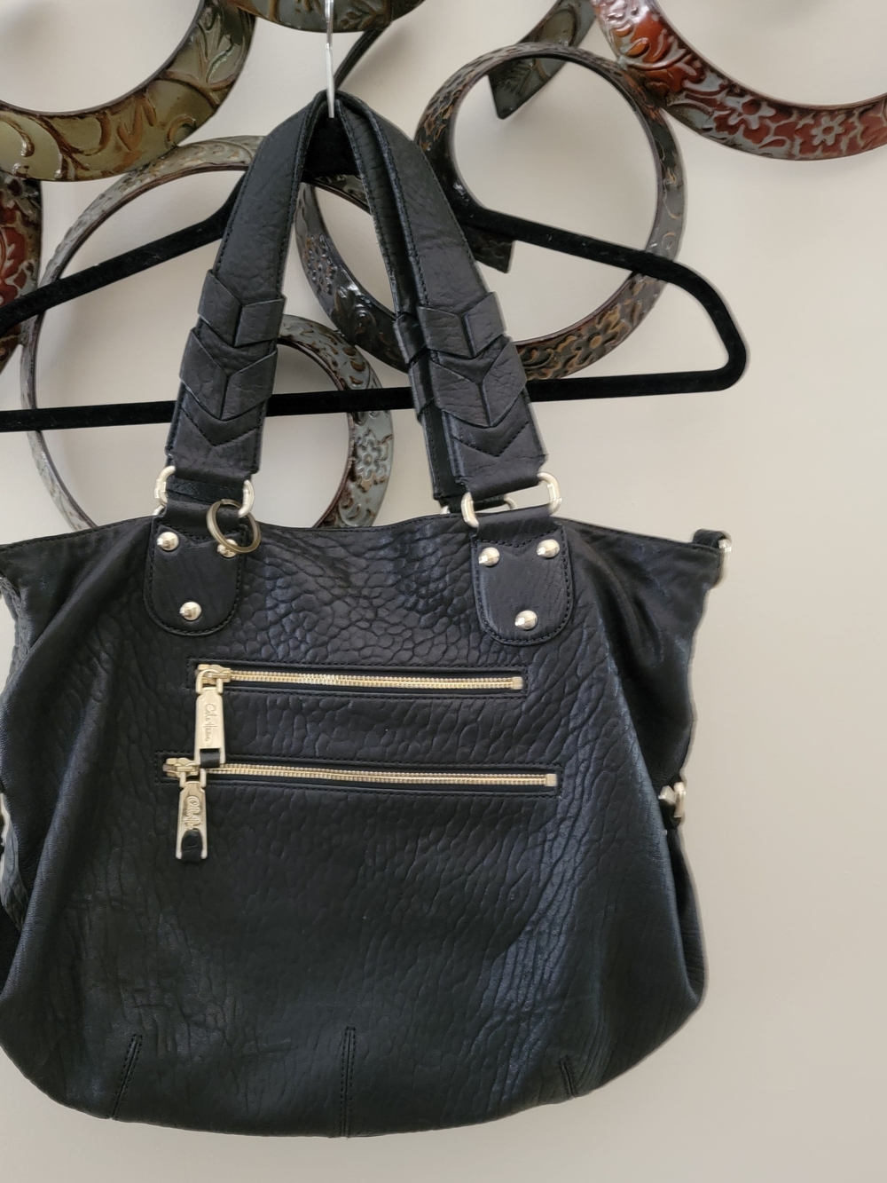 Cole Haan Black Women's Pebble  Leather Tote Bag with Double Zipper Front